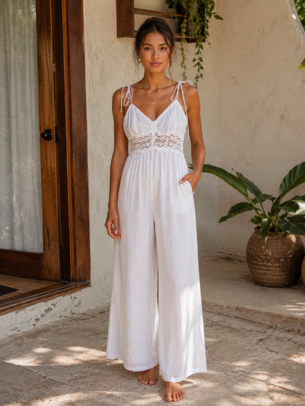 White Sleeveless Jumpsuit with Crochet Lace Detail